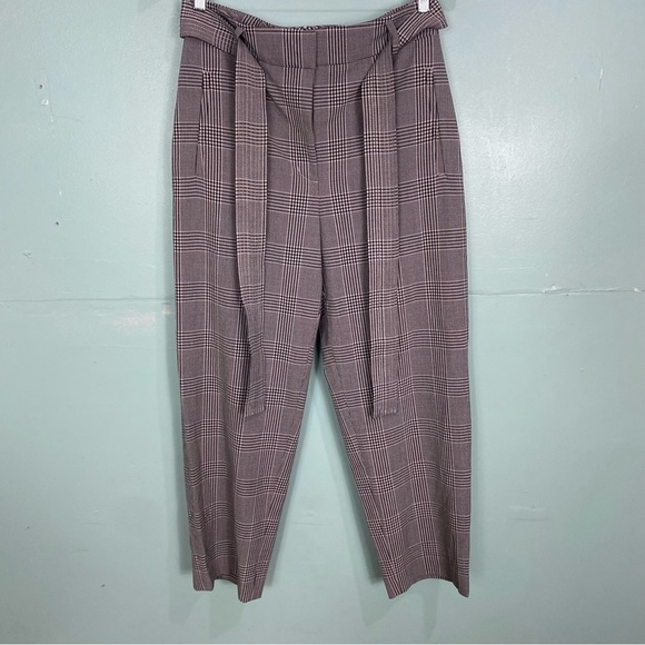Aritzia Wilfred‎ Tie Front Pants Belted Trousers Plaid Black Pink Sz 8 - Picture 1 of 6
